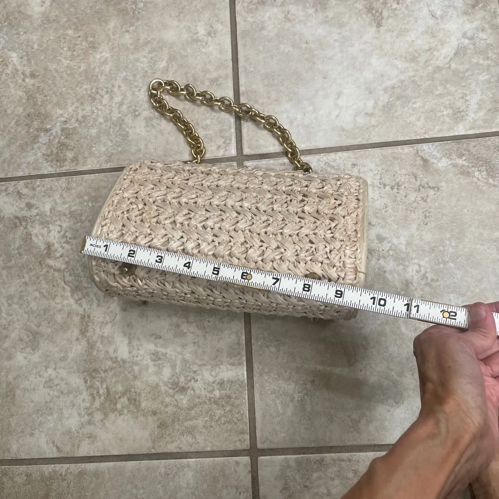 Winkelman's Straw Woven Clutch Bag Gold Chain Strap Purse Vintage Japan EUC Tan - Image 7