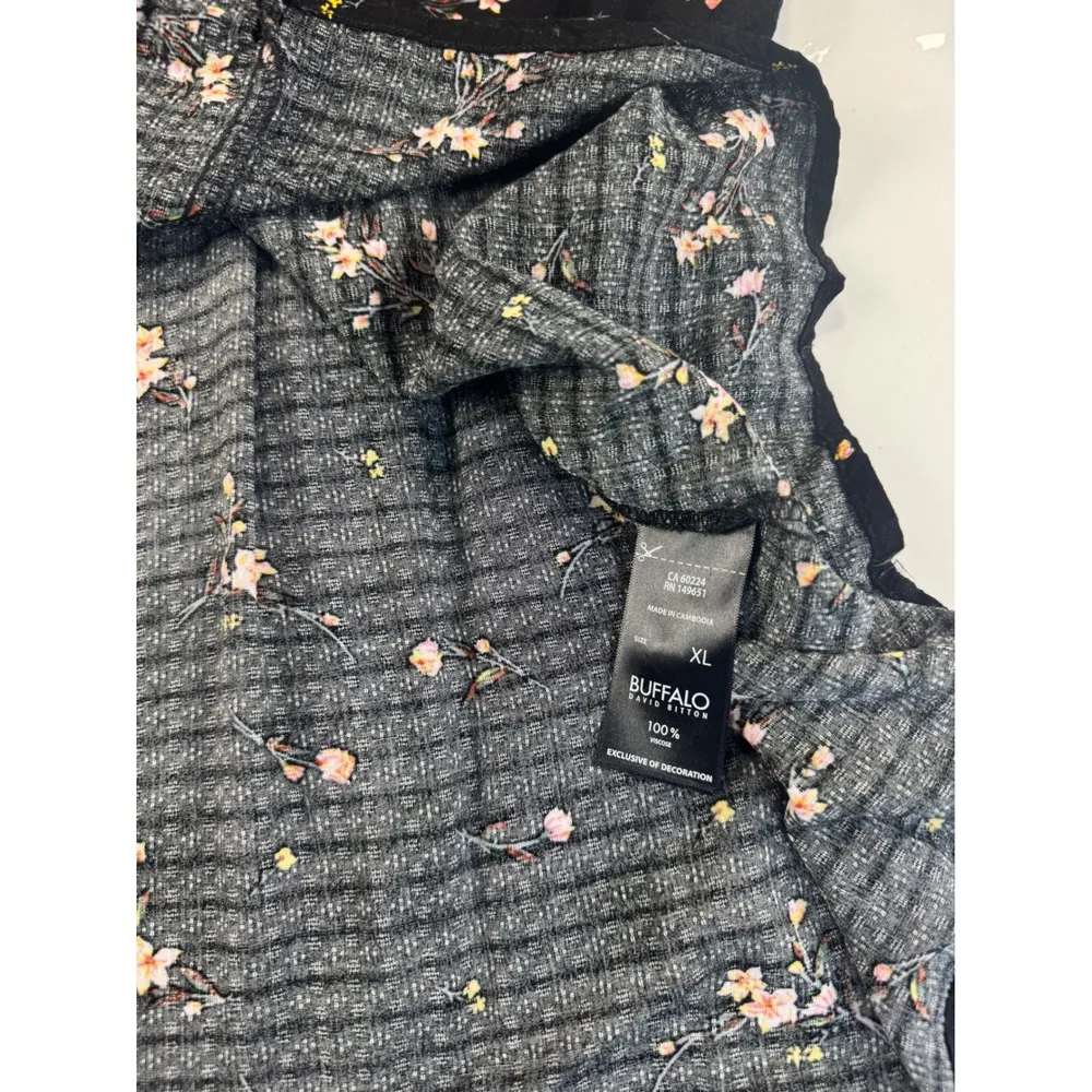 Buffalo David Bitton Floral Print Top XL Black Ruffle Neck Tie Keyhole - Image 14