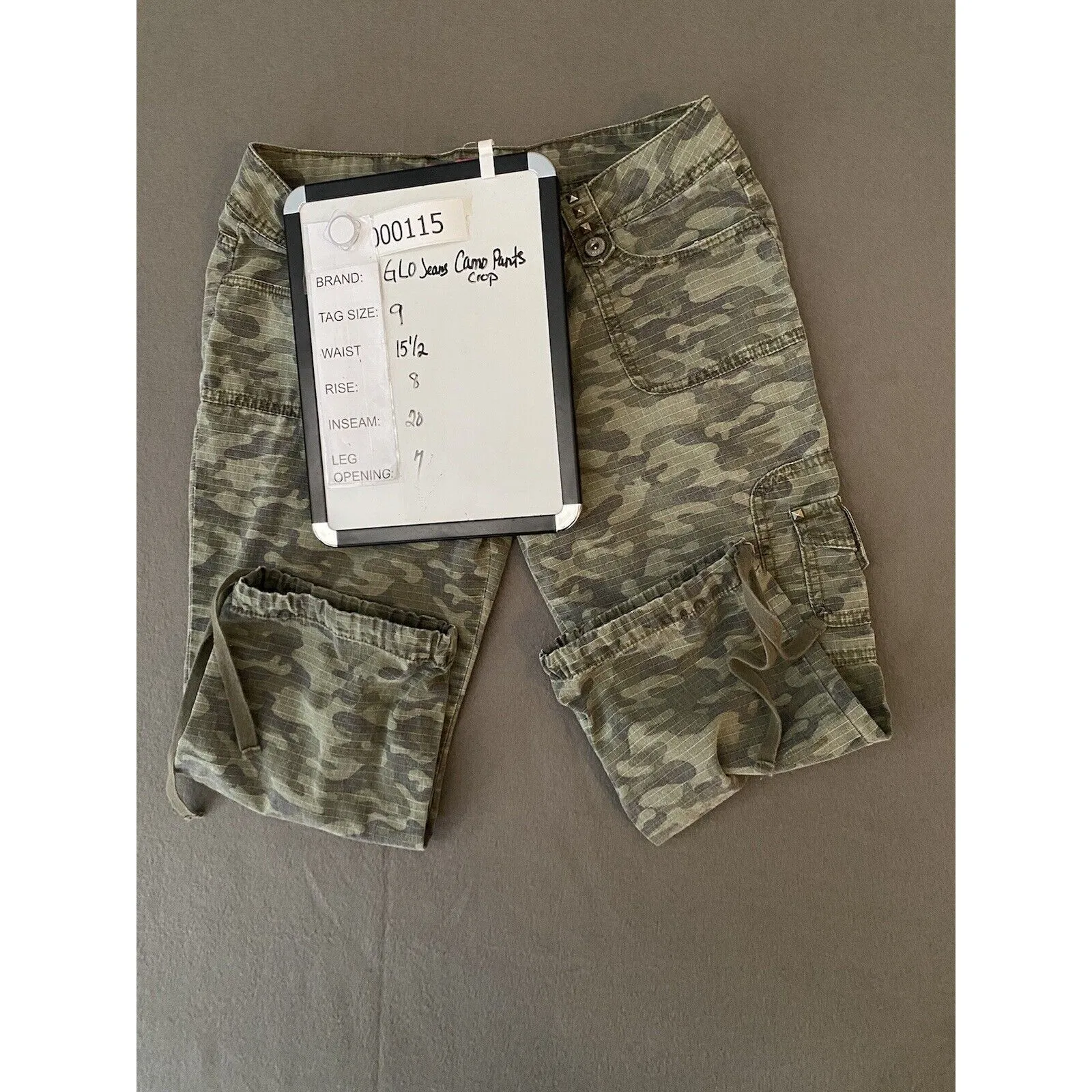 Camo Capri Pants Womens 31x20 Green Camoflauge Crop Cinch Leg Tag 9 GLO Jeans Size undefined - Image 15