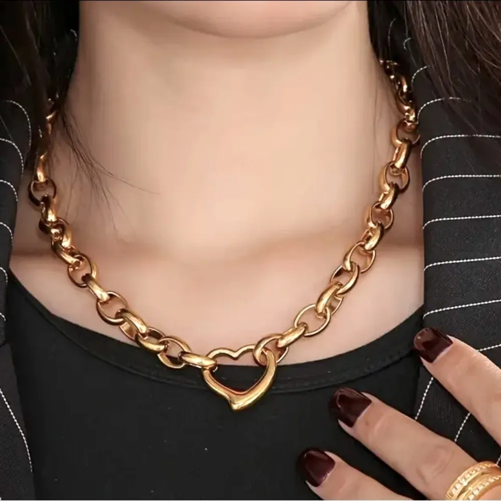 18K Gold Plated Heart chunky Necklace Set Stainless Steel womens Jewelry - Image 3