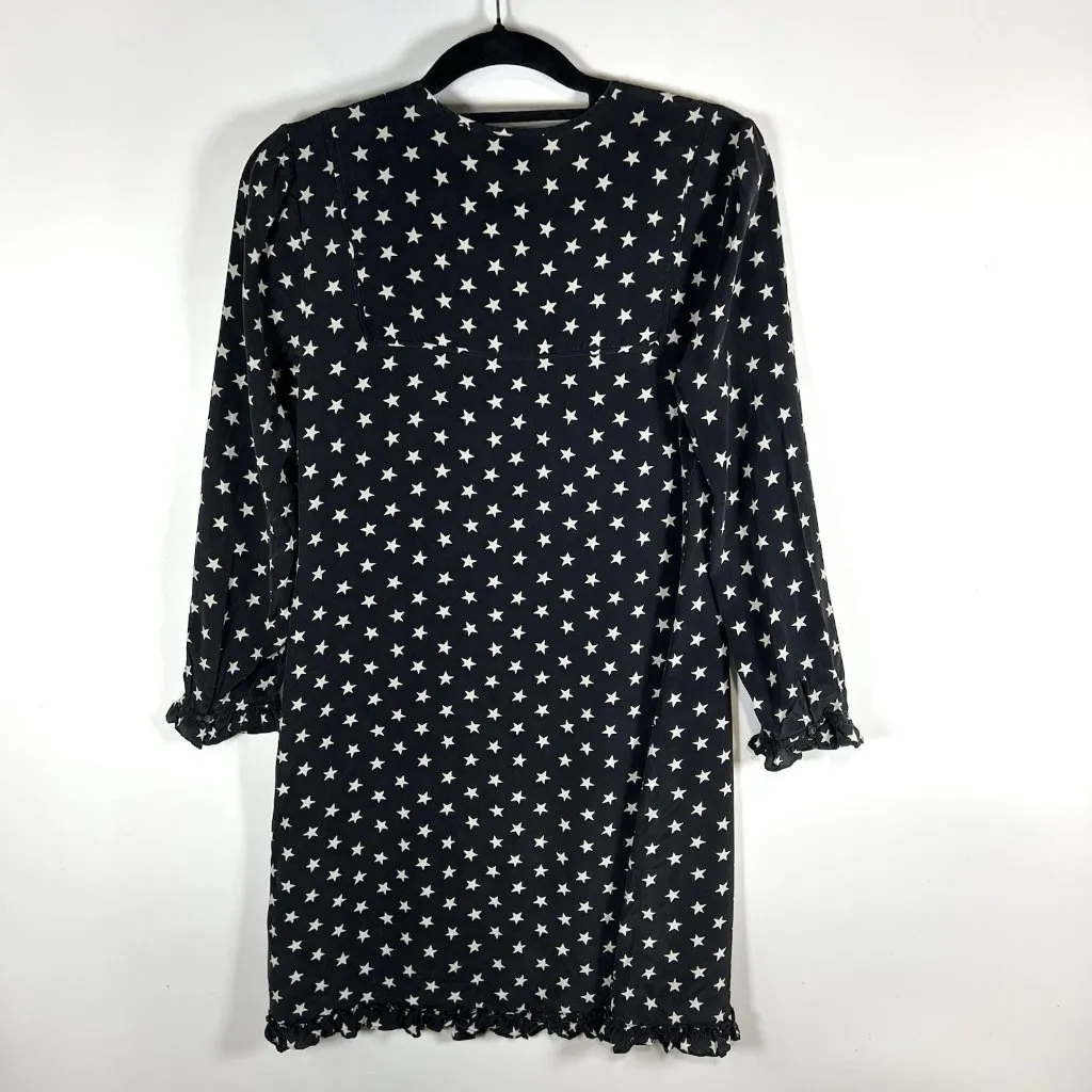 J.Crew Collection 100% Silk Black‎ Star Print Ruffle Trim Long Sleeve Dress Sz 2 Black - Image 7