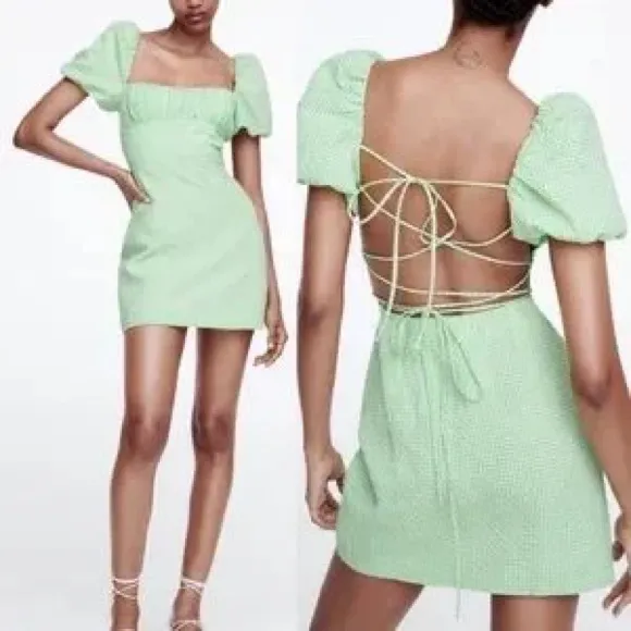 Zara gingham green structured tie up mini dress size XS NWT - Image 2
