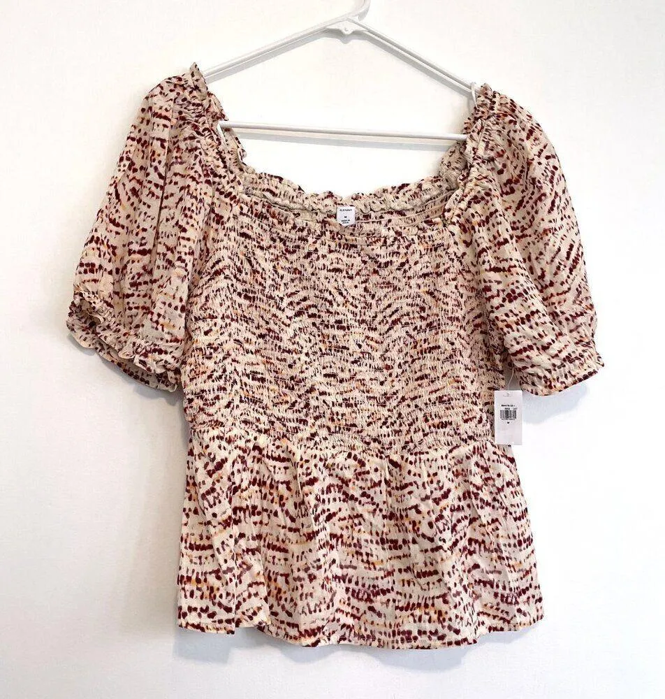 NEW NWT OLD NAVY Smocked Bodice Tie Dye Top Cream Beige Burgundy Short Sleeve M - Image 2