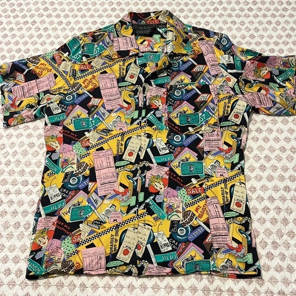 Vintage Nicole Miller 1990 Limited Shopaholic Print Silk Button Down NYC Shirt - Image 9