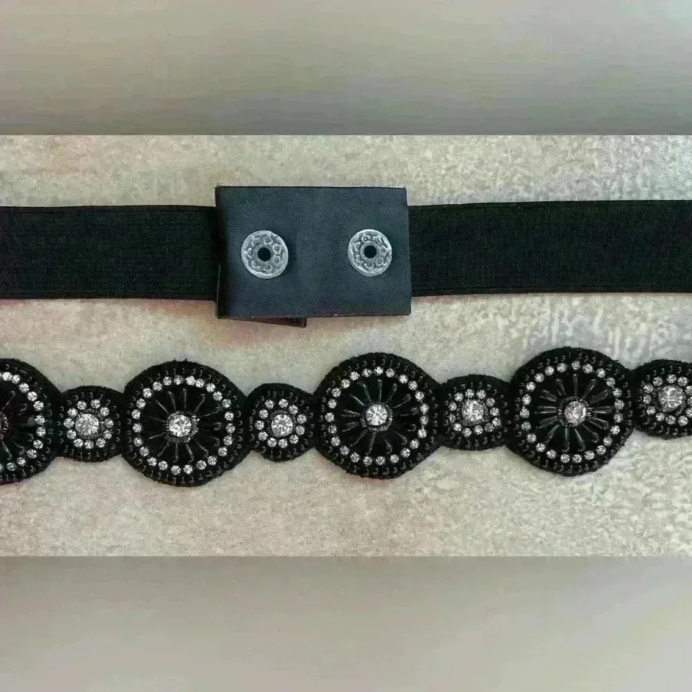 Black women’s thin elastic belt with black/silver rhinestone circle design; 21” - Image 2