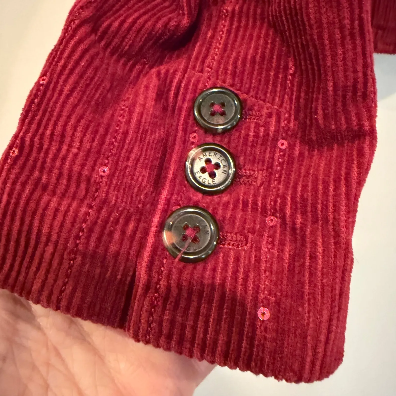 American Eagle‎ Vintage Corduroy Sequin Blazer Women's Small Burgundy Y2K Preppy - Image 4