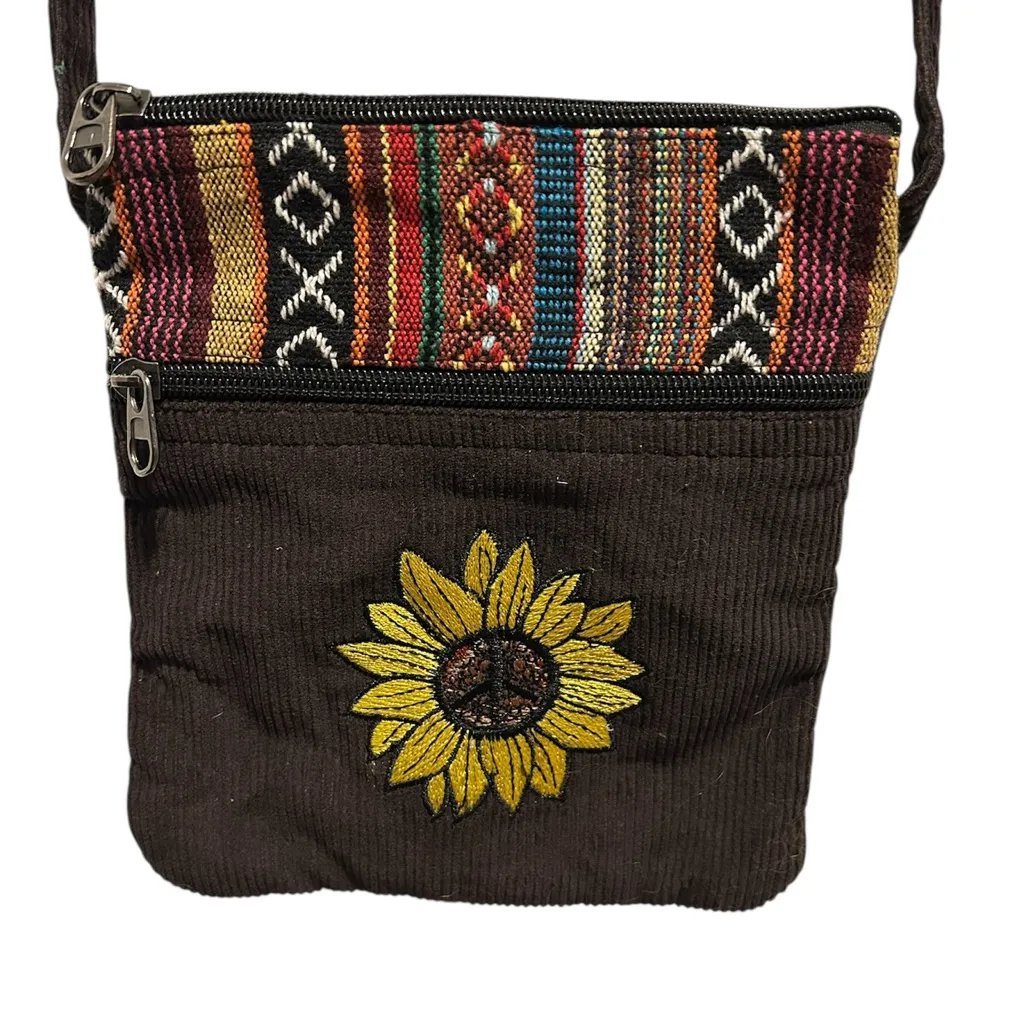 Sunflower Aztec Print Peace Sign Corduroy Boho Bag Brown - Image 3