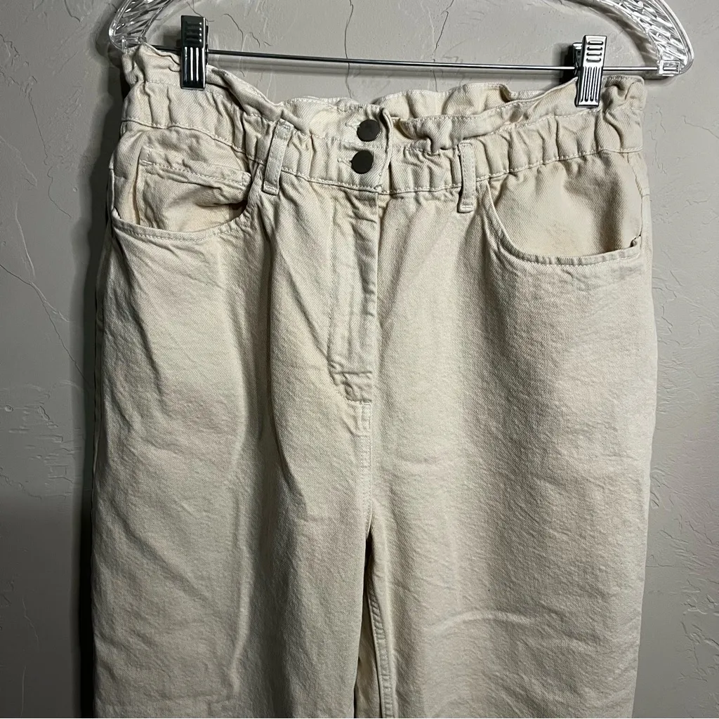 Monoprix Cream Paperbag Tapered High Rise Straight Leg Denim Jeans Size M - Image 3