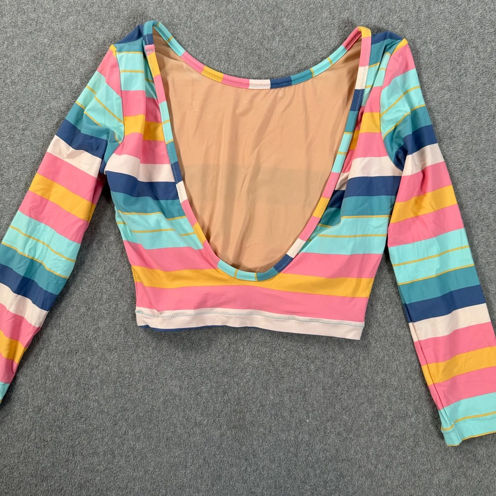 J.Crew Striped Swim Top Women's Small Low Back 3/4 Sleeve High Neck AK734 - Image 6