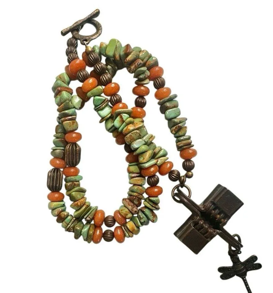 Stabilized Turquoise & Carnelian Beaded Necklace with Industrial Cross & Dragonf - Image 5