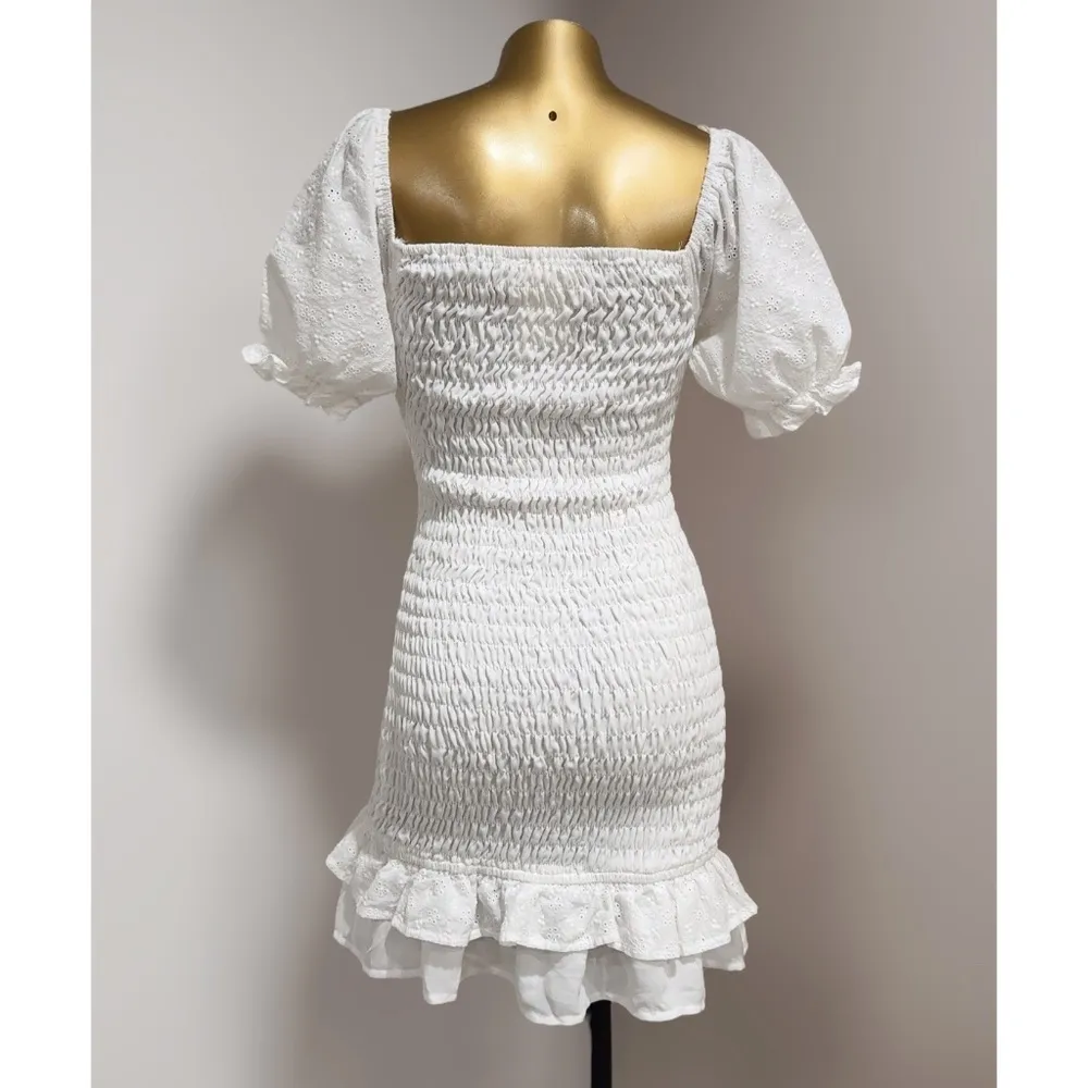 Idem Ditto Women's White Puff Sleeves Smocking Mini Dress Size S - Image 4