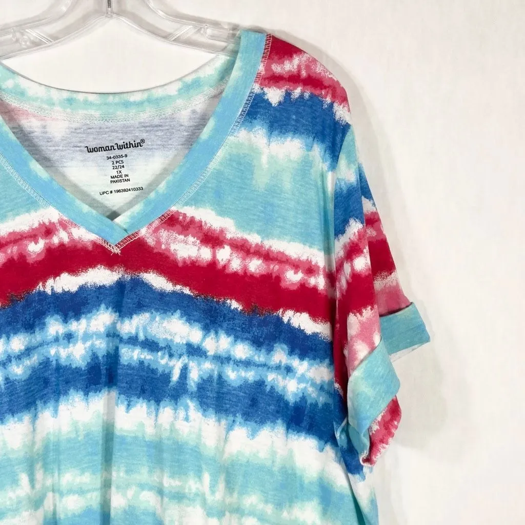 Woman Within Plus Size 1X 22W 24W‎ Top Blue Red Tie Dye Striped V Neck 1652 - Image 5