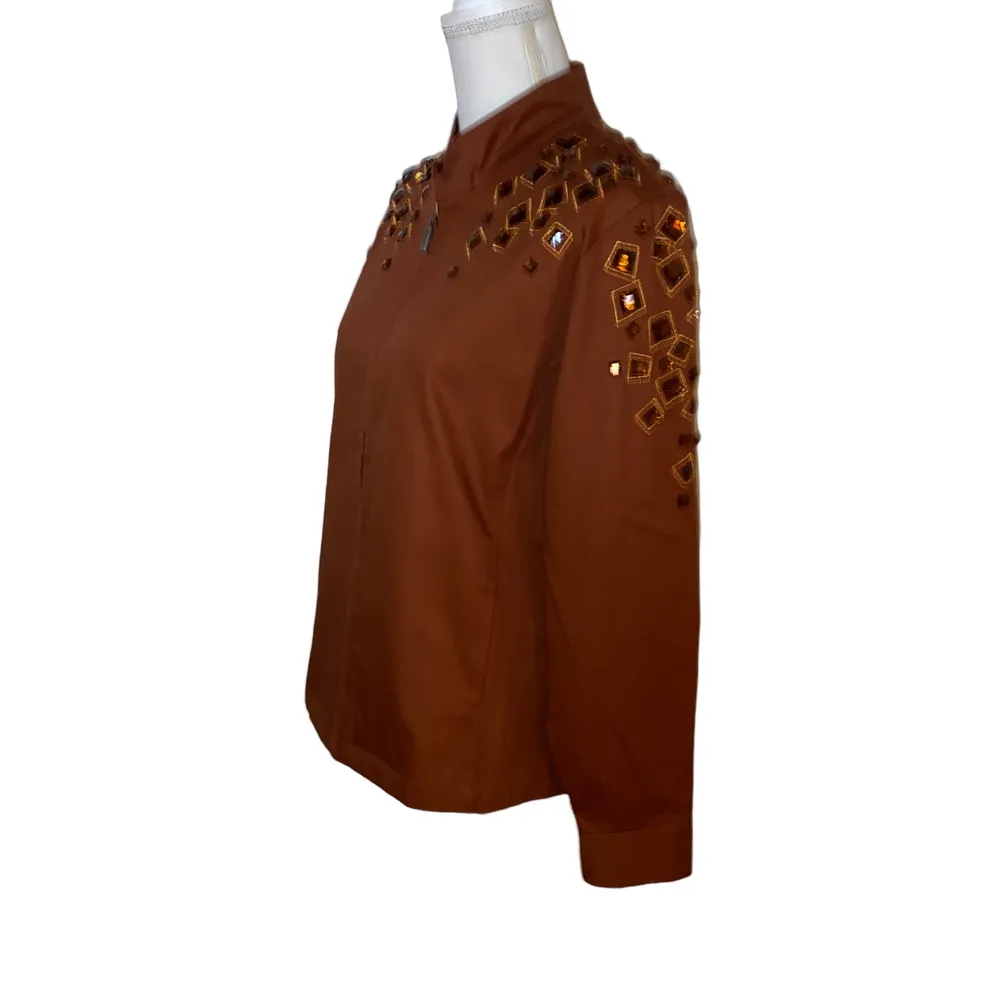 Bob Mackie Wearable Art Jacket Embellished Gems Full Zip, Brown, Size Medium - Image 5
