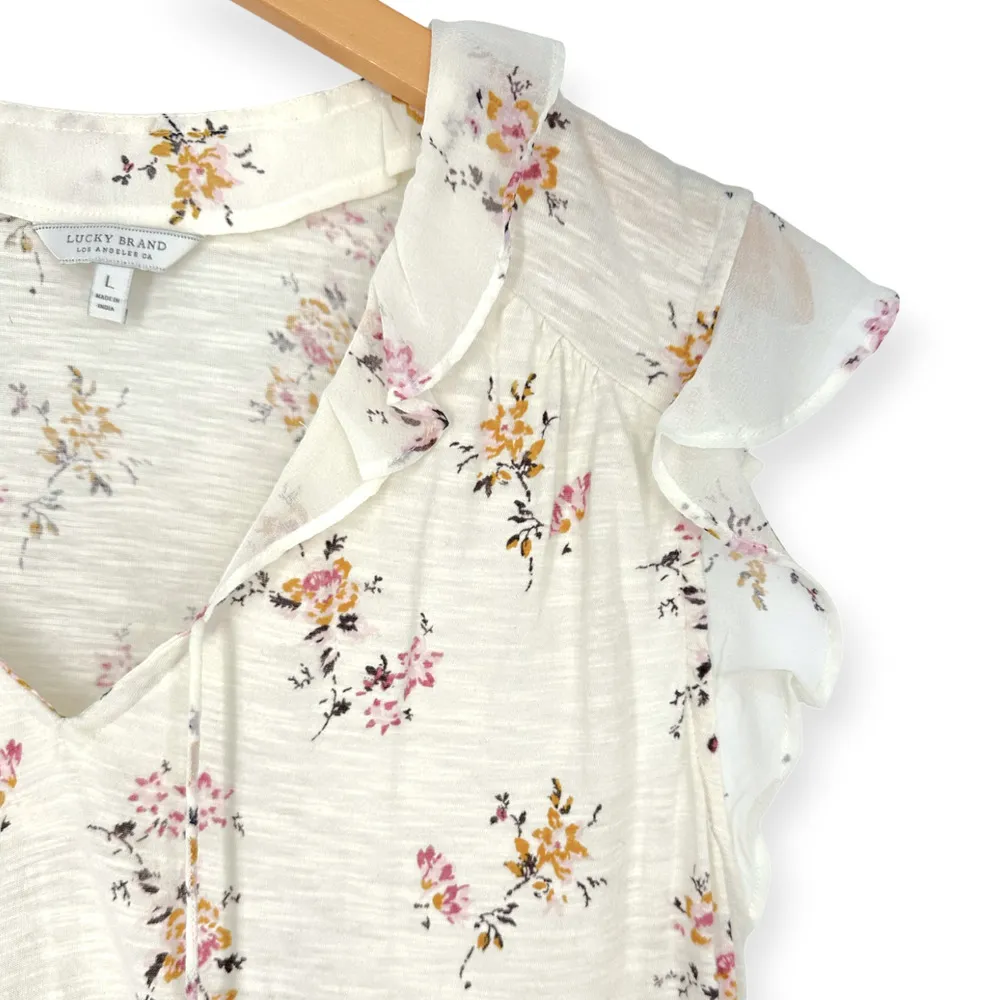 Lucky Brand | Large | Cream Floral Print Ruffle V-Neck Flutter Sleeve Top Blouse - Image 4