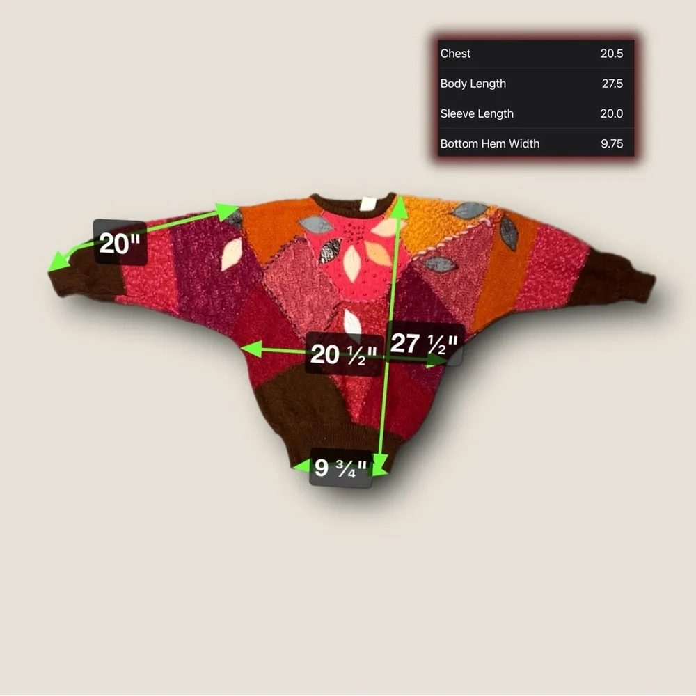 ★ Vintage 80s Patchwork Color Block Knitted Leaf Pattern Sweater from 20 Ans ★ Red Size M - Image 5