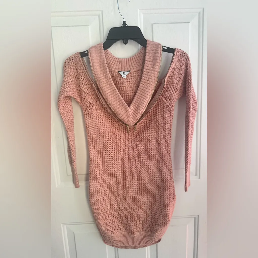 GUESS G by Guess blush Pink Knit Sweater Dress XS Cold Shoulder Zipper Detail - Image 3