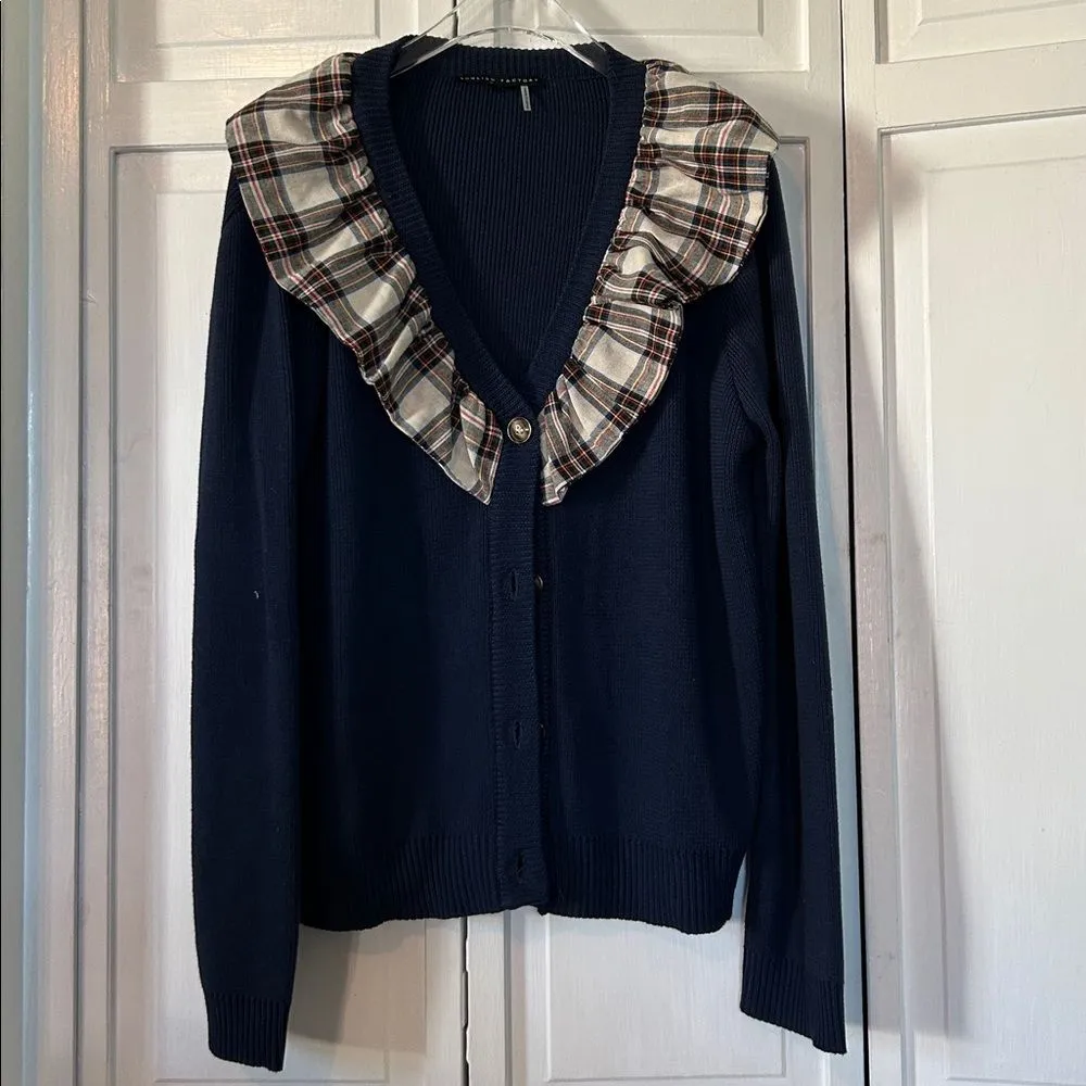 NWOT English Factory Navy Cardigan with Plaid Ruffle Size M - Image 4