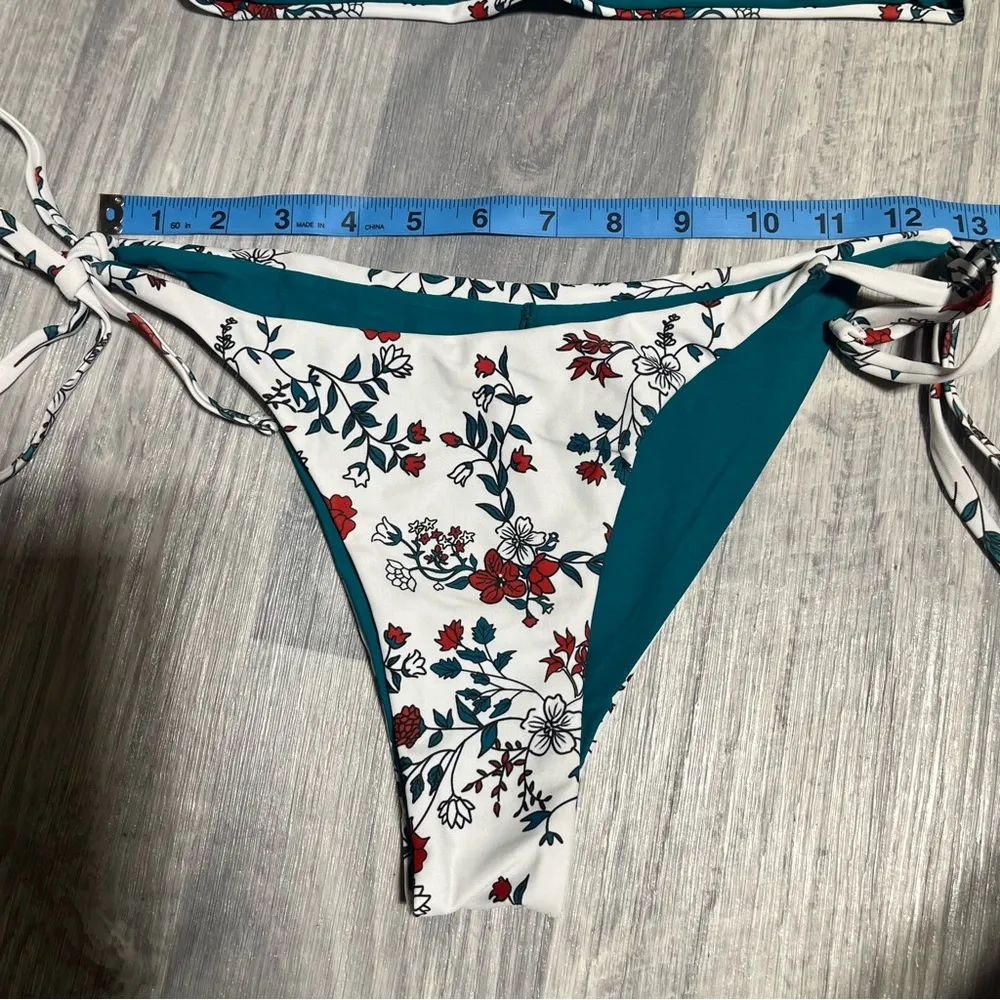 Zaful Teal Green White Floral Swim Suit Bikini Set; Medium - Image 2