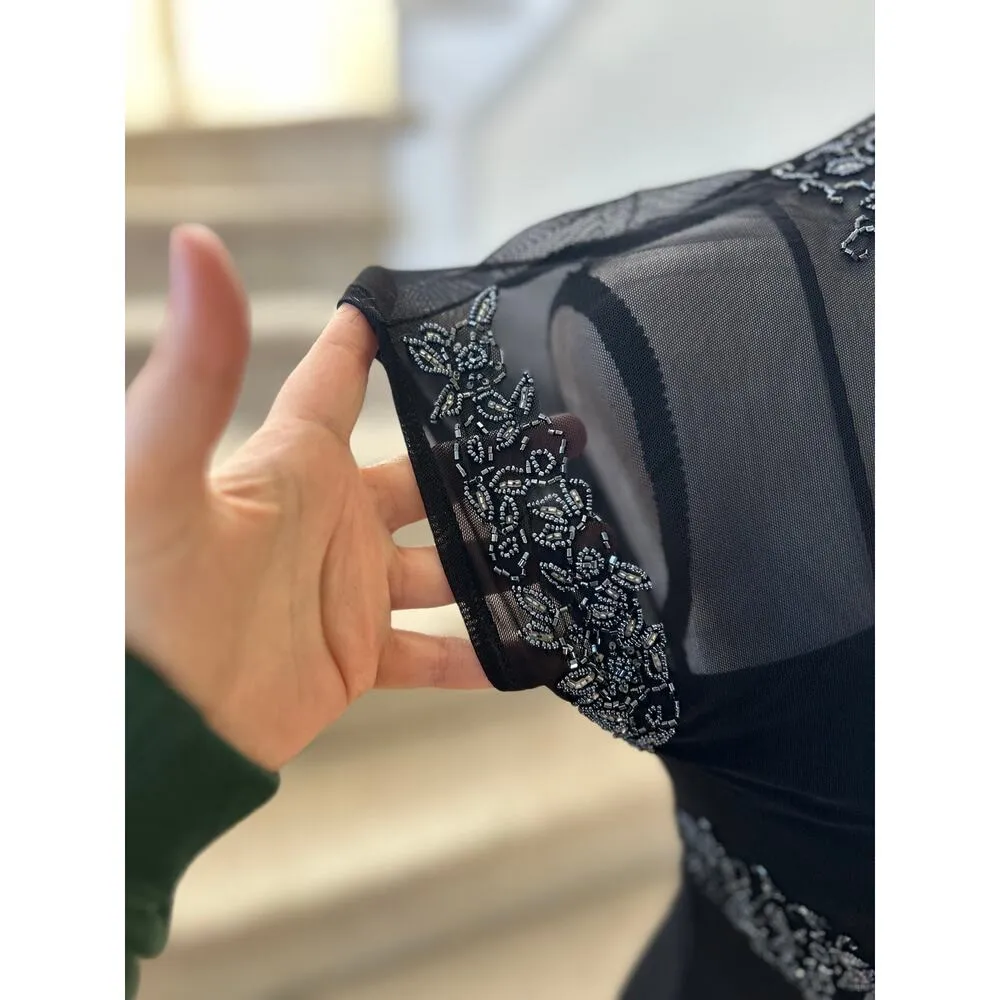 Vintage 90s Y2K Black Illusion Beaded Short Sleeve Mock Neck Column Gown Size 6P - Image 3