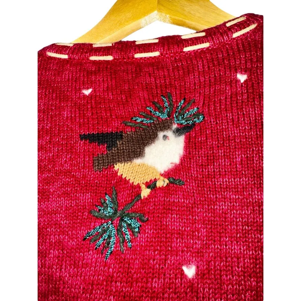 Northcrest Sweater Cardigan Bird Embroidered with Lambs Wool Size Medium Winter Red - Image 6