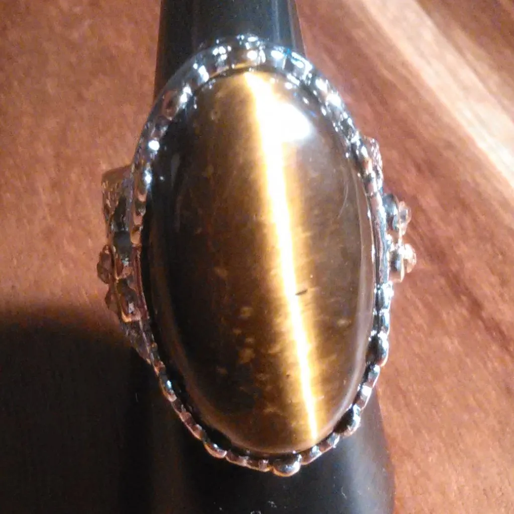 Tiger's Eye And Champagne Color Austrian Crystal Stainless Steel Ring (Size 7) - Image 8