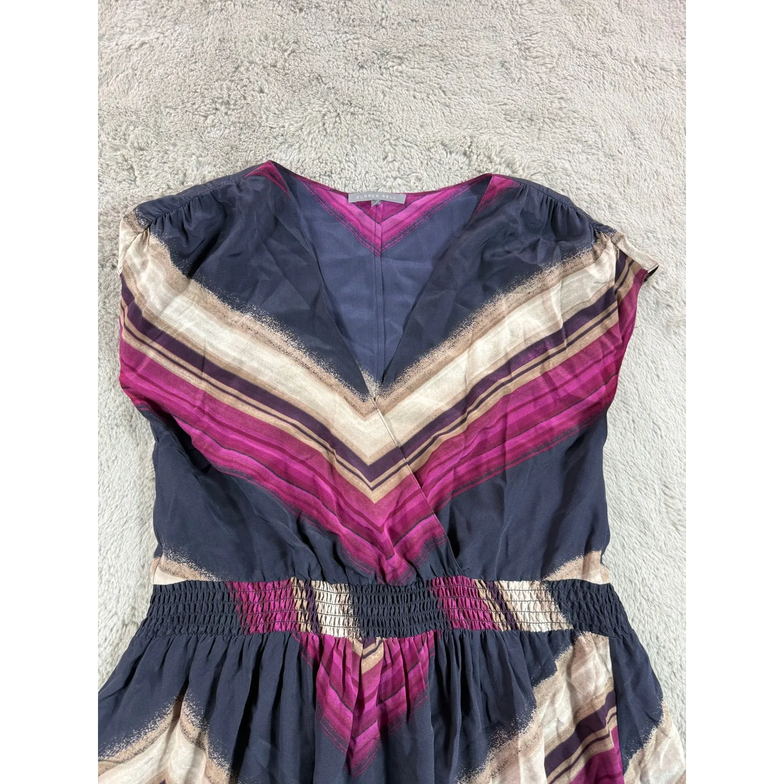 CURRER BELL 100% Silk Chevron Print Maxi Dress V Neck Smocked Waist Size S Soft Blue - Image 10