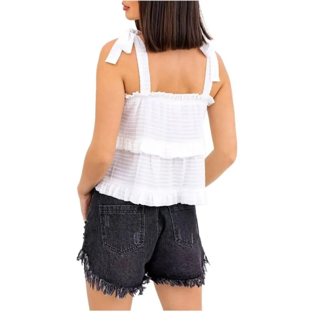 Le Lis White Ruffled Tie Tiered Lined Sleeveless Square Neck Tank Top - Image 3