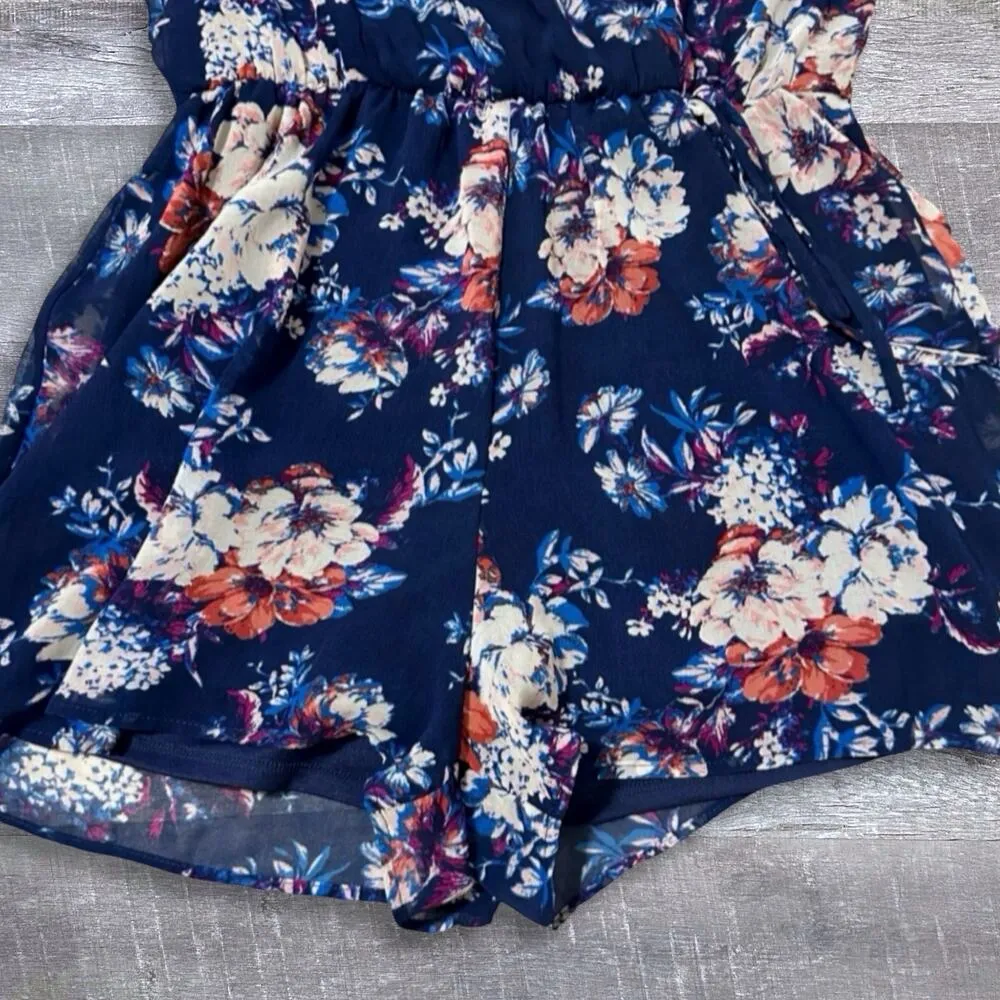 As U Wish Romper Womens S Floral Navy Blue Flutter 1/2 Sleeve V Neck Low Back - Image 4