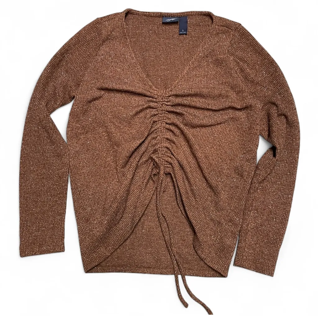 Daytrip Womens Brown Glittery Cinched Front V-neck Y2K Style Knit Sweater Small - Image 4
