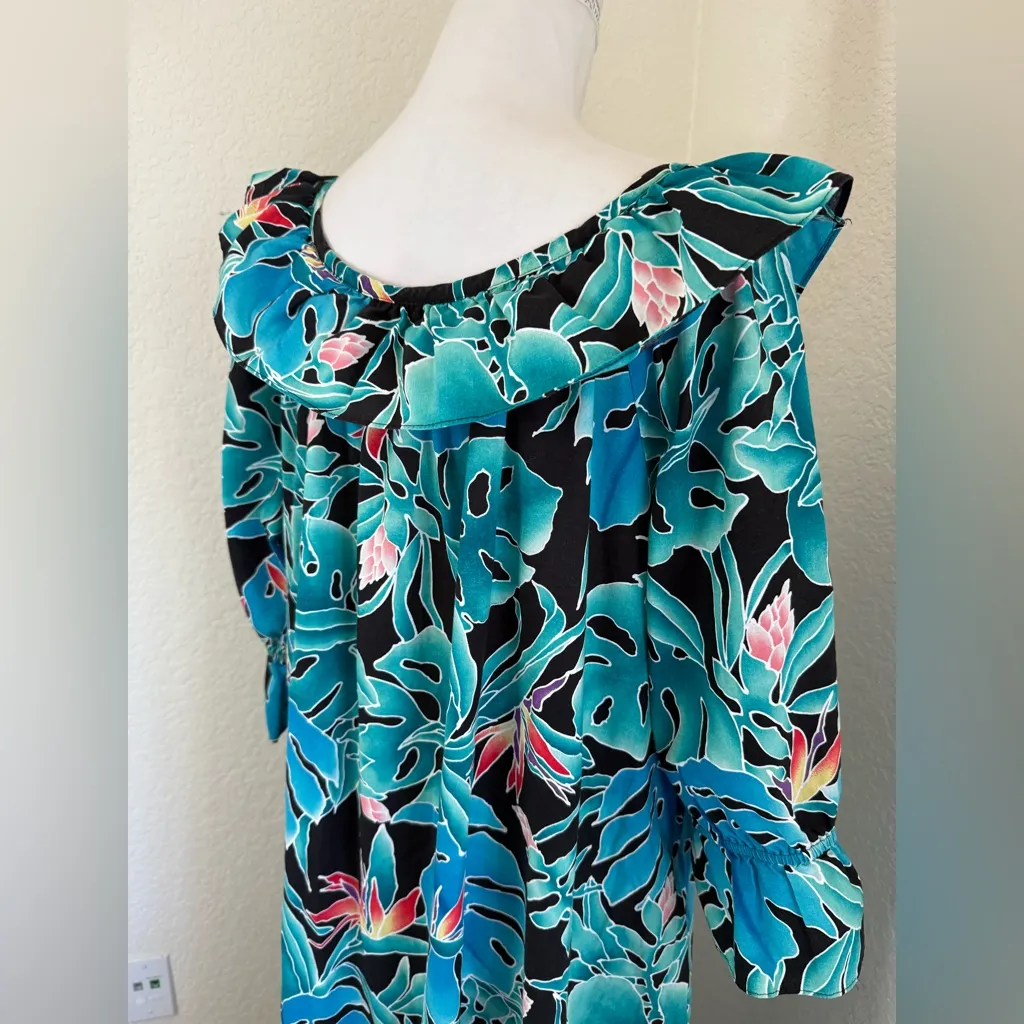 Womens Hilo Hattie Large Long Muumuu Ruffle Neck Blue Tropical‎ Print Dress - Image 3