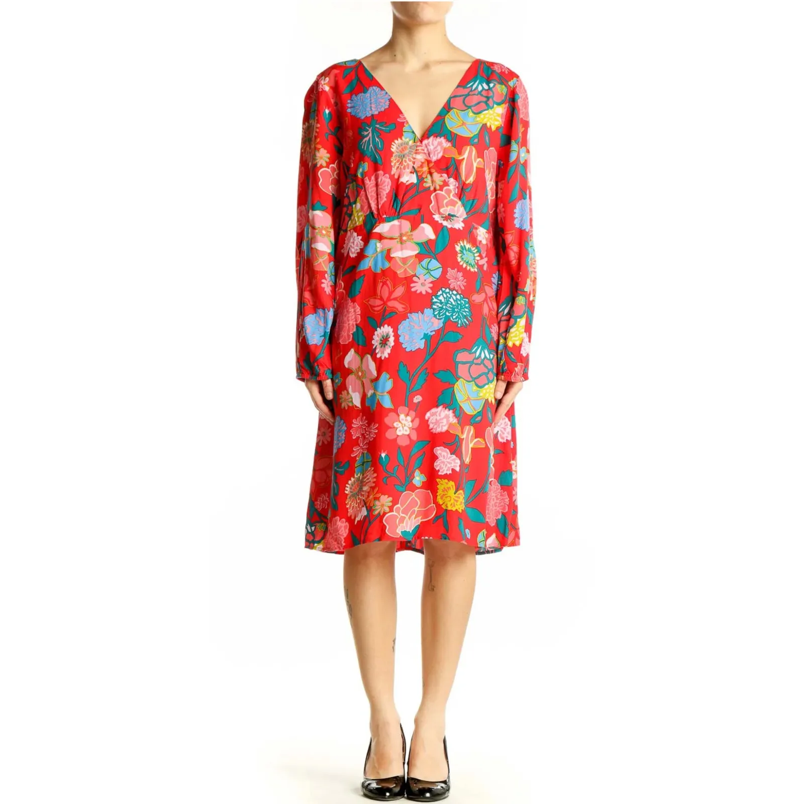 J. Crew Retro-Vibe Floral V-Neck Long Sleeve Red & Blue Mini Dress‎ Size 8 - Image 3