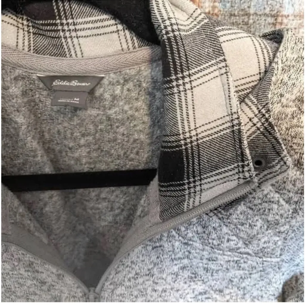 EDDIE BAUER ELBOW PATCHES HOODIE FLEECE SWEATER JACKET HEATHER GRAY SIZE MEDIUM - Image 8