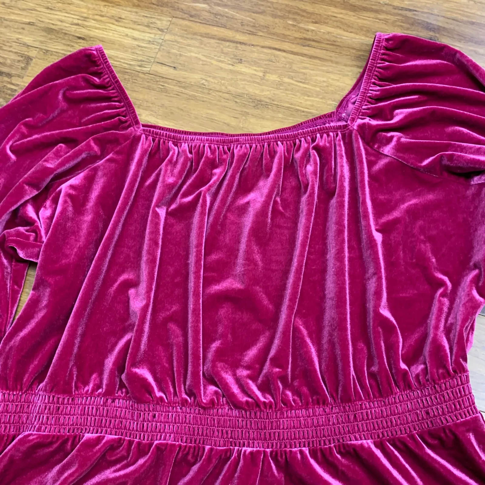Maurices Pink Velvet Smocked Peplum Top Square Neck Long‎ Sleeve Plus Size 1X - Image 2