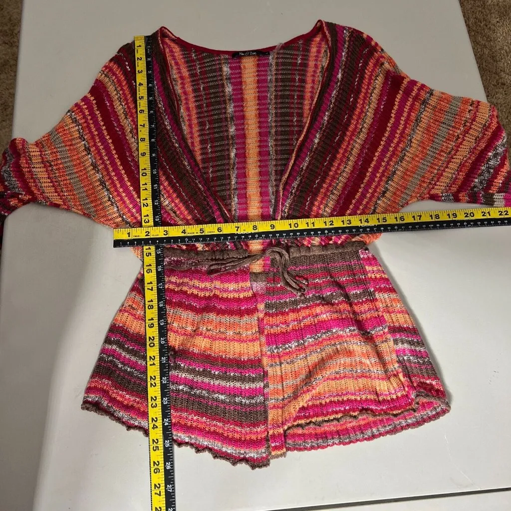 NIC+ZOE Cardigan Sweater Womens L Multicolor Stripe Tie Front 3/4 Sleeve Linen - Image 2