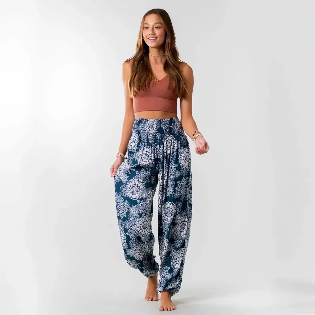 Lotus & Luna Corfu Floral Print Blue White Ankle Jogger Harem Pants - Image 6