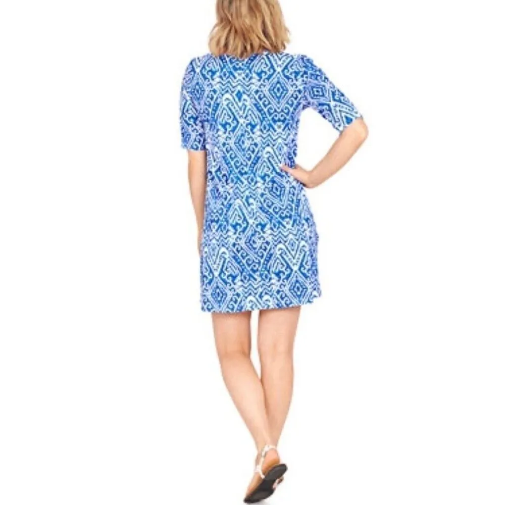 Ruby Rd XL Ikat Ladder Sleeve Sun Dress Brunch Summer A Line Blue White Vacation - Image 2