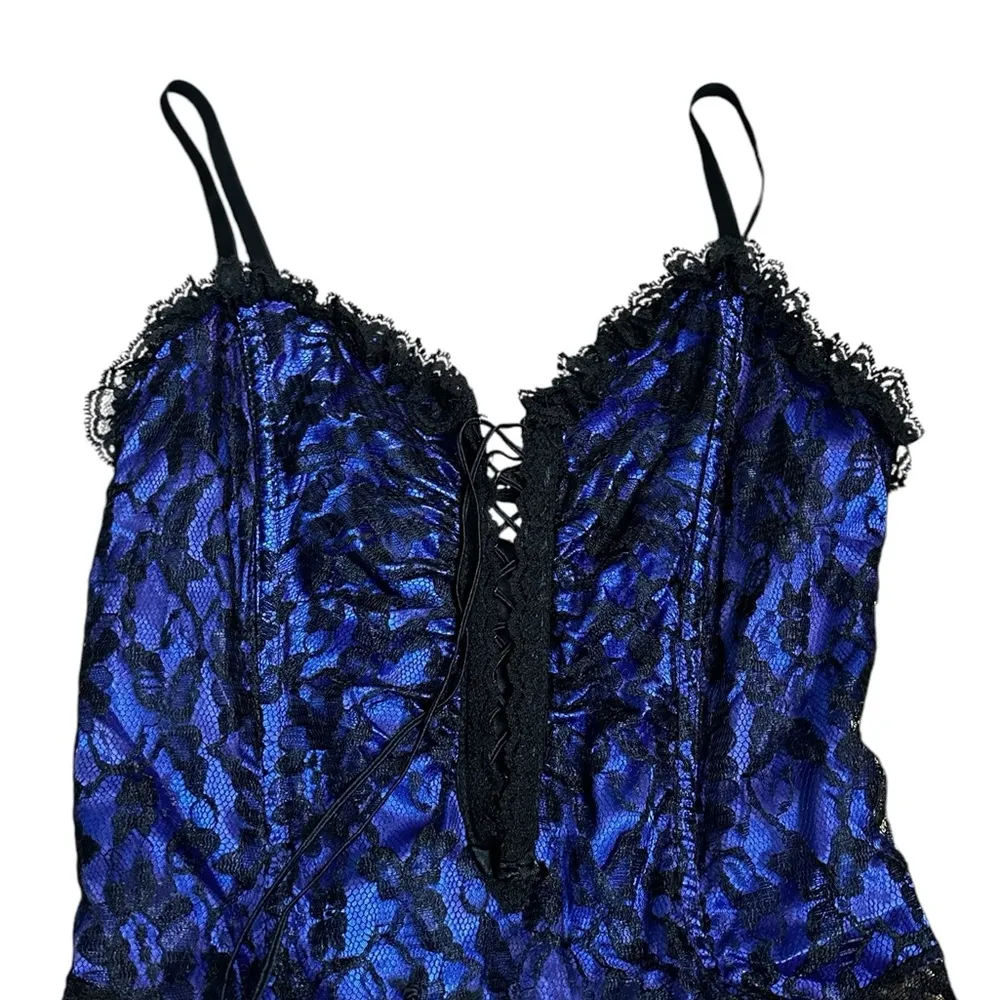 Vintage Blue Black Lace Teddi Teddy Romper Lingerie Boning Lace Up Front Small - Image 2