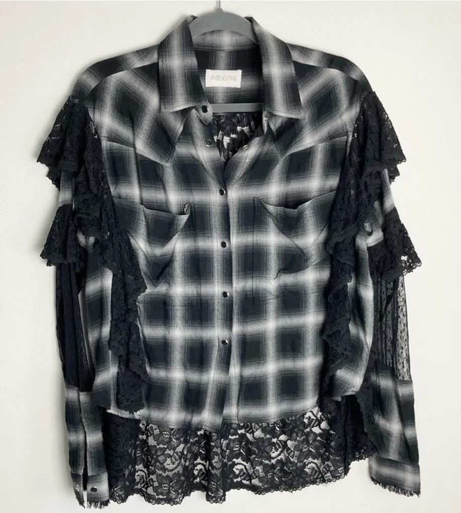 Divine Heritage Revolve Lace Button Front Plaid Shirt Gothcore Ruffles Medium Gray - Image 1