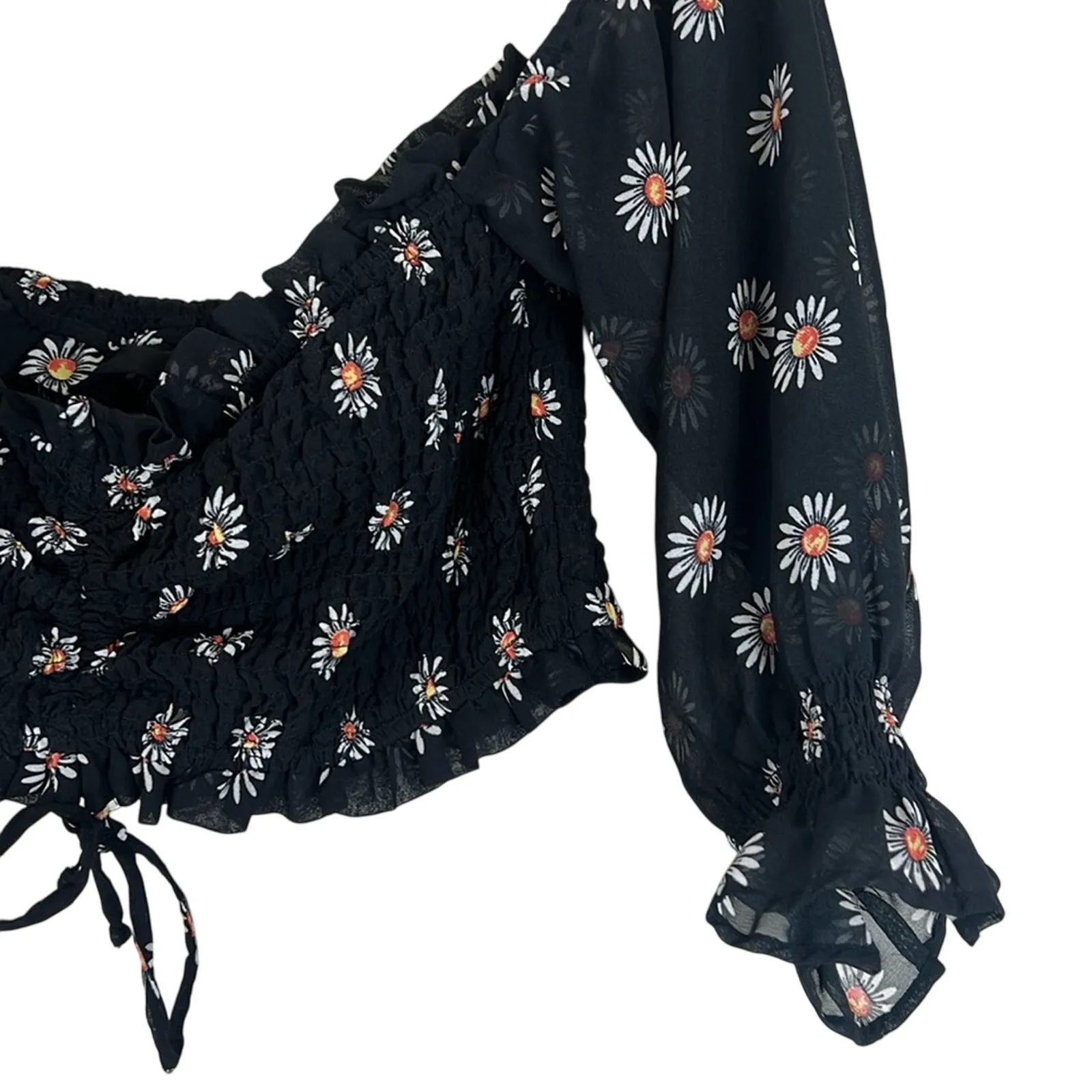 Rue21 Crop Top Womens XL Black Floral Sheer Off the Shoulder Smocked Cottagecore - Image 2