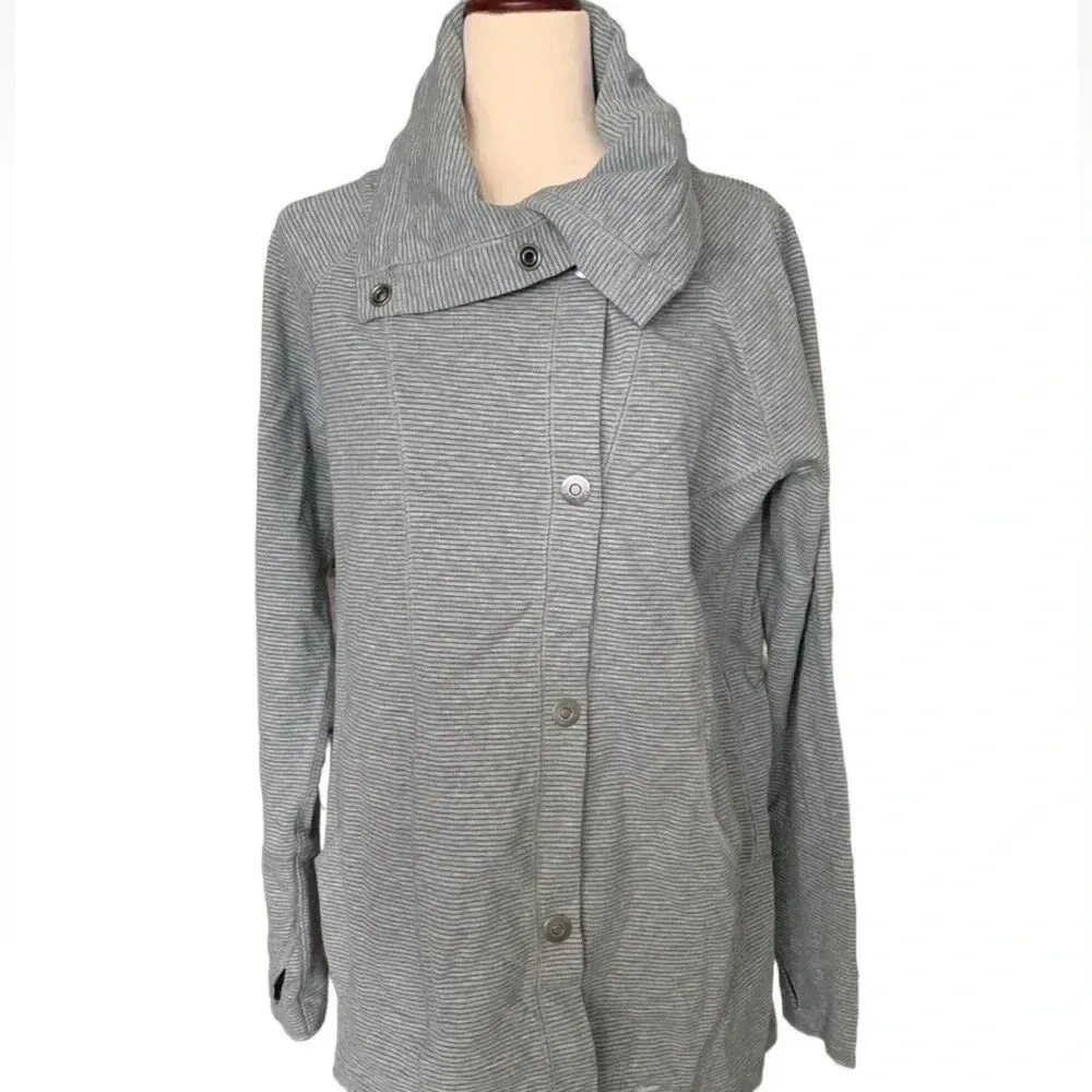 Eddie Bauer Knit Outdoors Blue Grey Stripe Snap Button Down Jacket Size L Large - Image 12