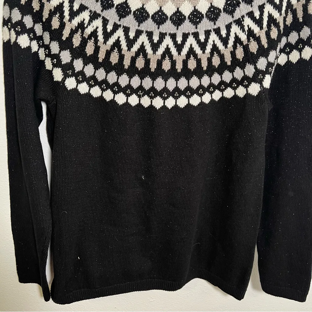 J. Jill Fair Isle Nordic Crewneck Sweater Black Sparkle S - Image 10