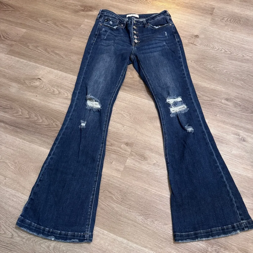 KanCan Harlow Mid Rise Button Fly Flare Jeans Distressed Dark Wash 13 30 Blue Size undefined - Image 2