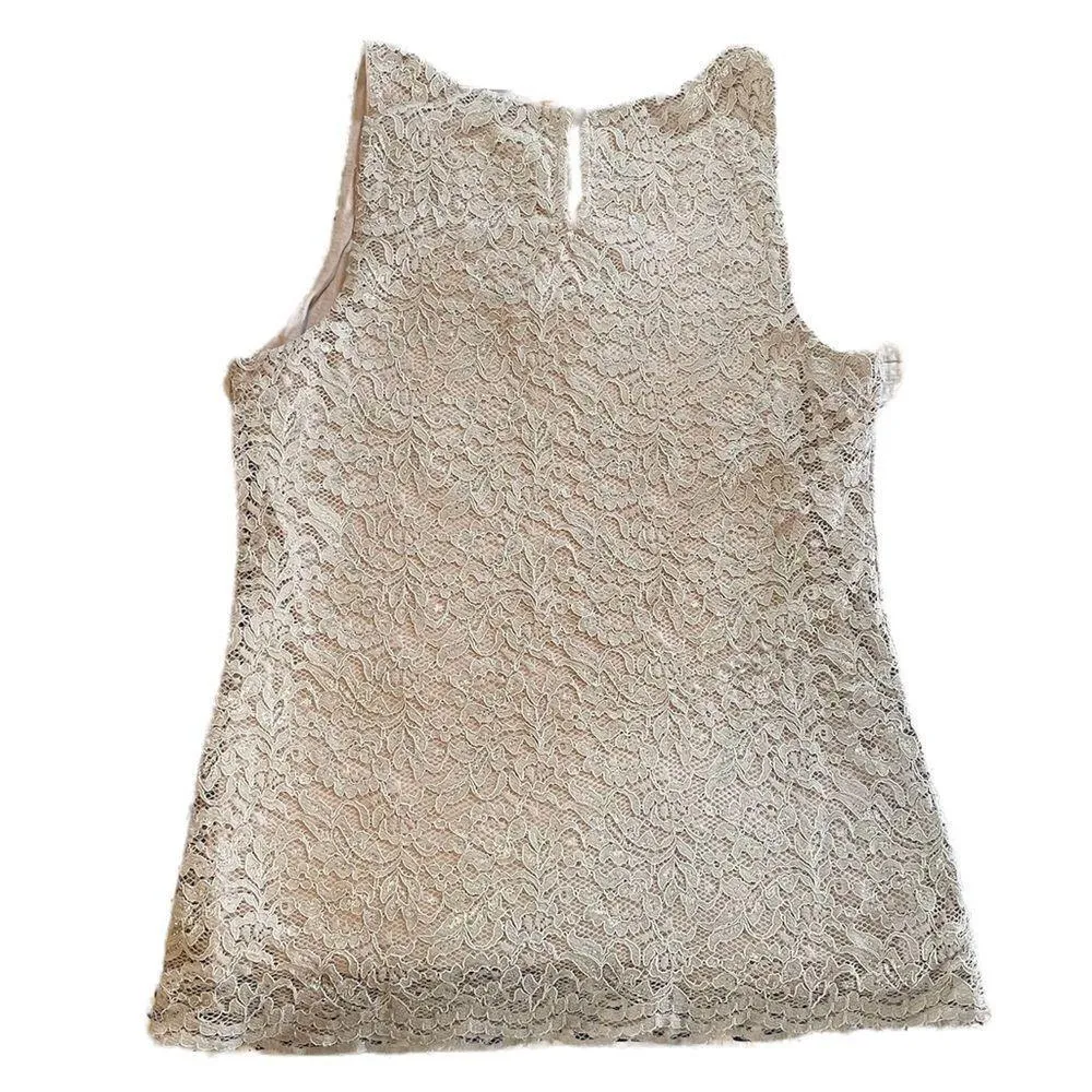 Ann Taylor LOFT Silver Beige Gray Lace Tank Top Metallic Layer Size Small - Image 3