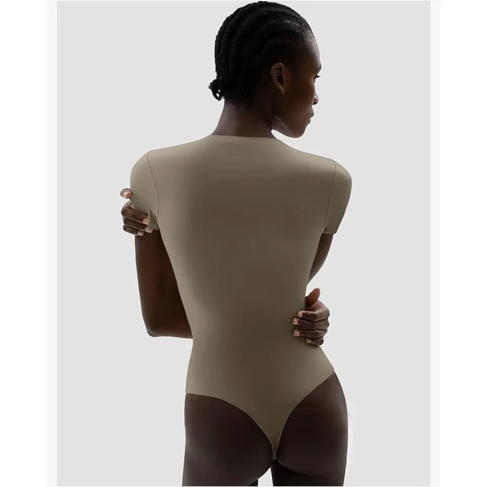 Pumiey: Neutral Nude Short Sleeve Bodysuit Tan - Image 9