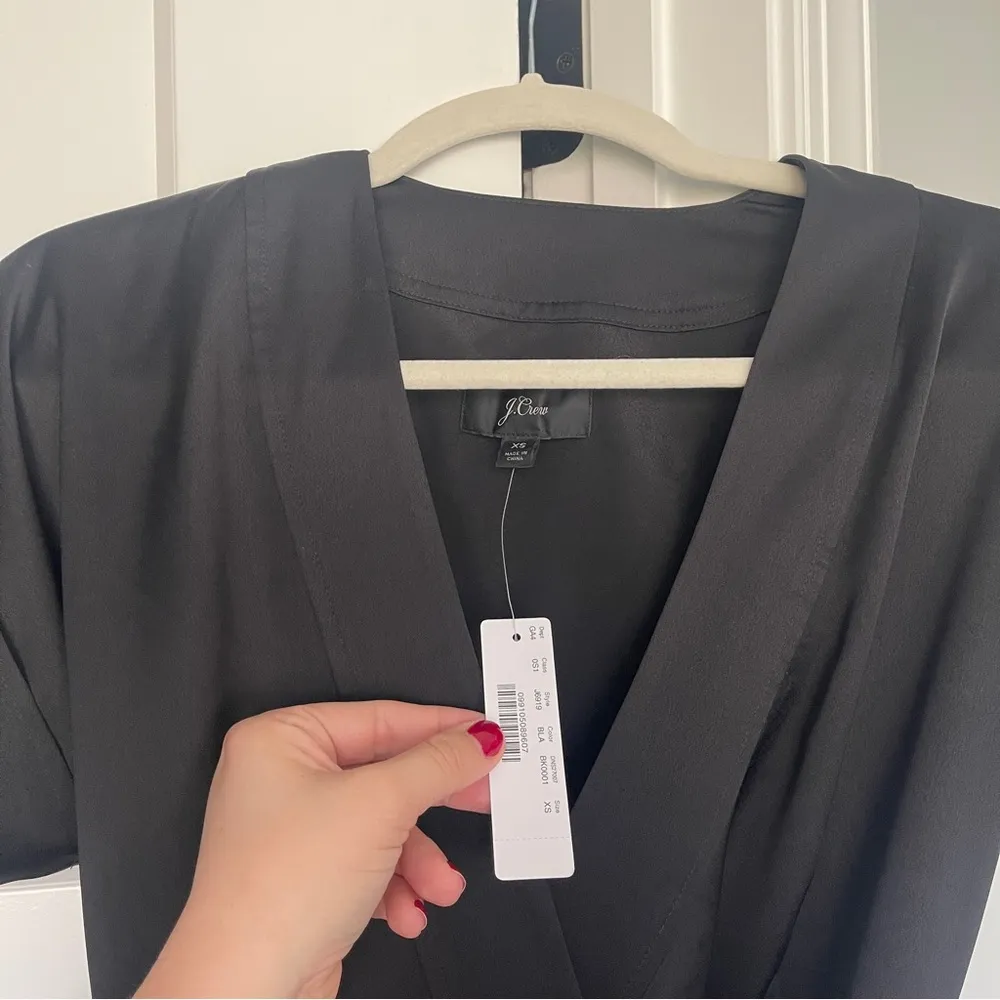 NWT J.Crew Black Satin Crepe Holiday Wrap Dress Short Sleeve V Neck - Image 3