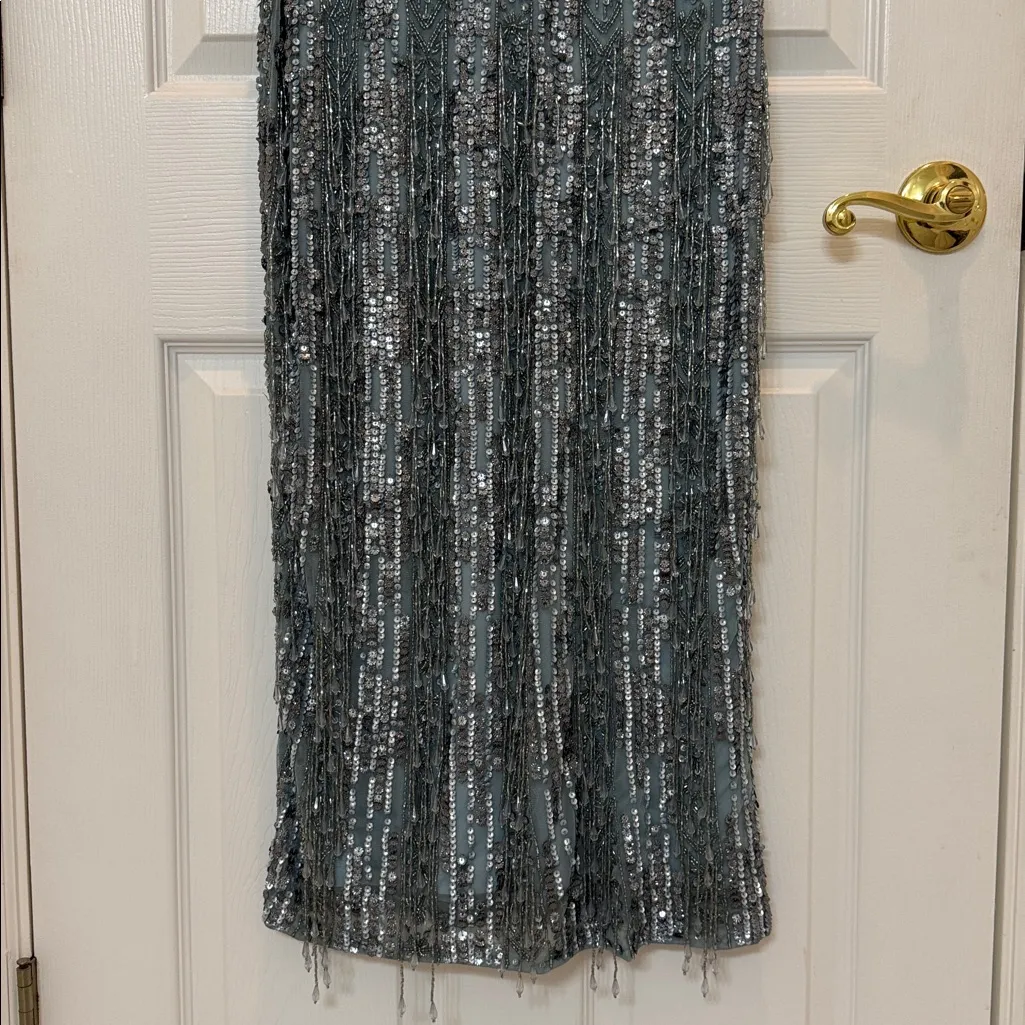 NWT Mac Duggal 5980 Blue High Neck Short Sleeve Crystal Fringe Sheath Dress Sz 8 - Image 8