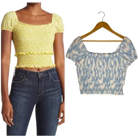 New Lush Womens Size XL Cropped Top Smocked Cap Puff Sleeve White Blue Swirl - Image 2