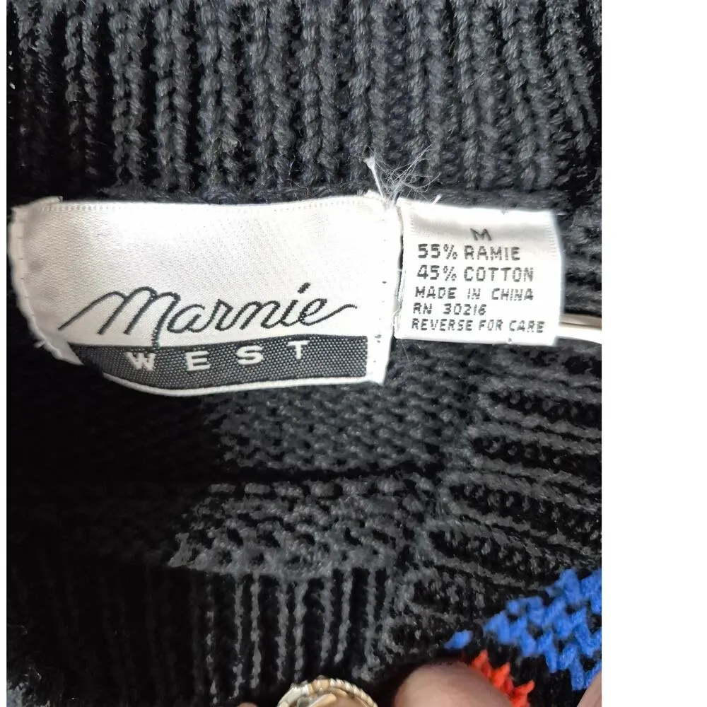 90s Y2K Marnie West Ramie/Cotton Black Sweater Colorful Intarsia Hearts Women M Size M - Image 4