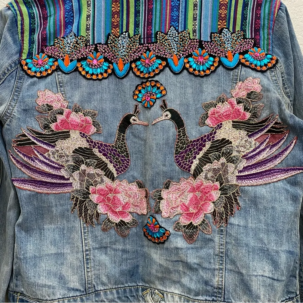 Customized Embroidered Patch Peacock Denim Jean Jacket Size M - Image 11