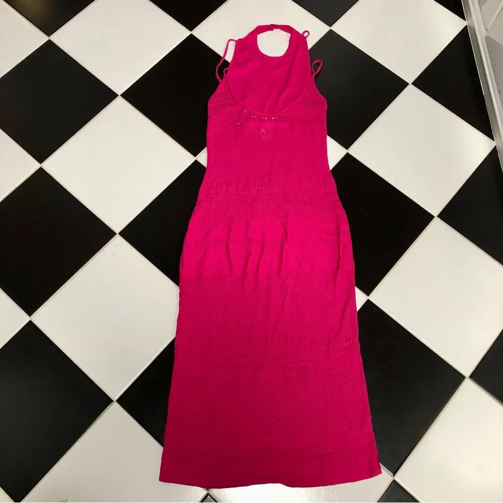 Esteban Cortazar Collective Stretchy Midi Dress Hot Pink Crochet Wedding Guest L - Image 6